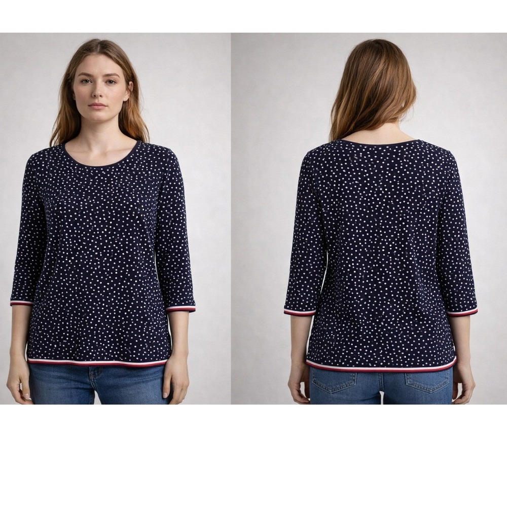 Tommy Hilfiger Polka Dot Blouse Womens Large Navy Blue Preppy Nautical Top